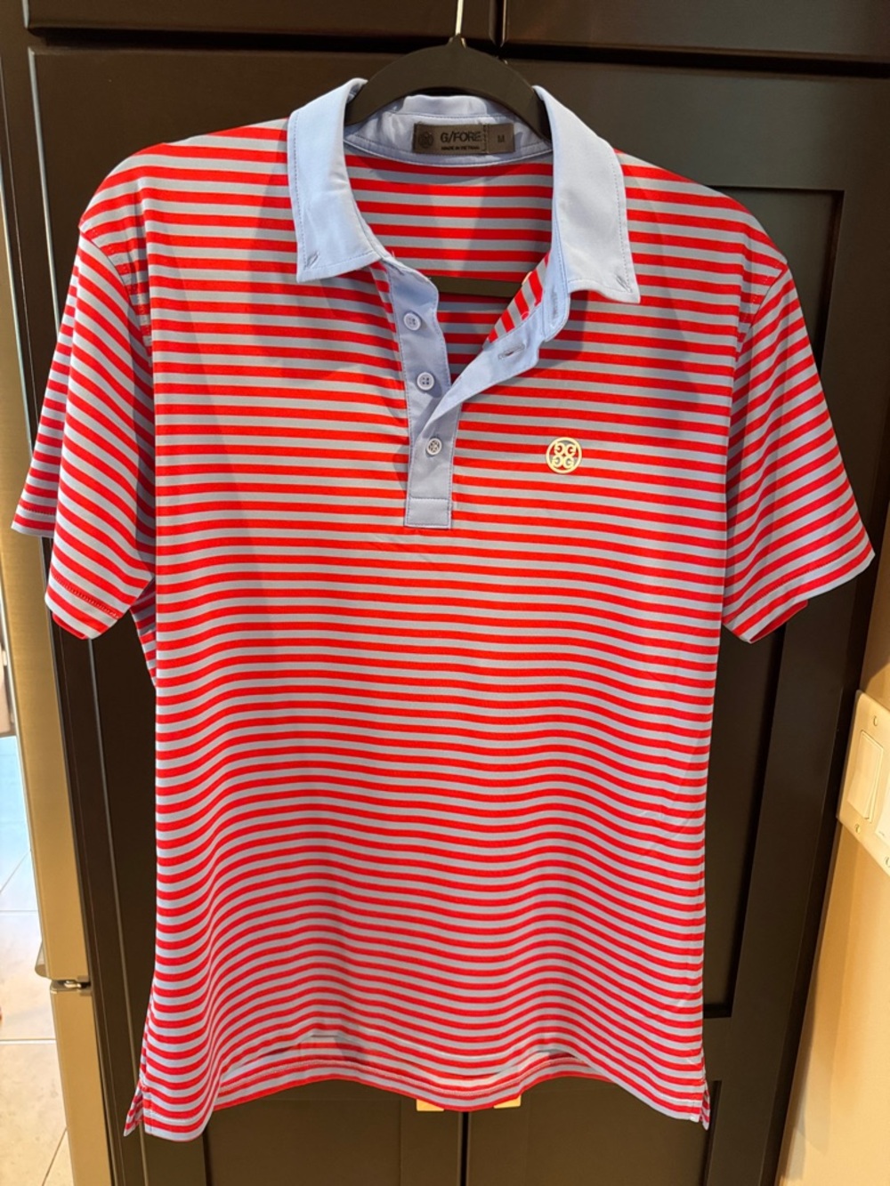 G/FORE Red and Light Blue Striped Polo with Light Blue Collar. Size medium.